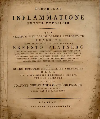 Franke, Johann Christian Gottlob: Muskau: Doctrinae de inflammatione brevis expositio (Über Entzündung). 