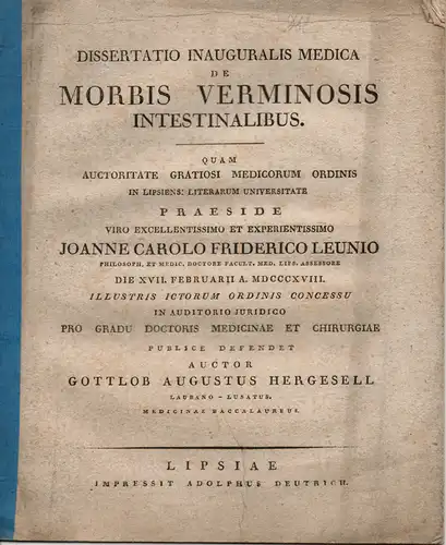 Hergesell, Gottlob August: Lauba: De morbis verminosis intestinalibus (Über Krankheiten durch innerliche Würmer).Dissertation. 