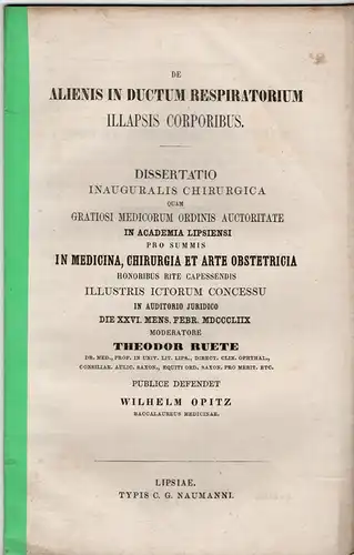 Opitz, Wilhelm: De Alienis In Ductum Respiratorium Illapsis Corporibus. Dissertation. 