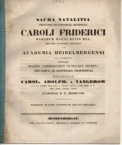 Vangerow, Karl Adolph von: De furto concepto ex lege XII tabularum (Über die Auffassung des Diebstahls gemäß dem Zwölftafelgesetz). 