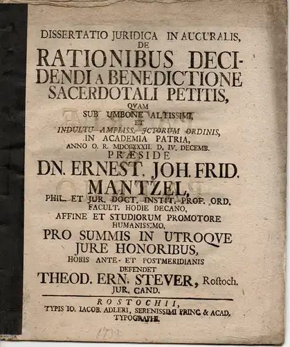 Stever, Theodor Ernst: aus Rostock: Juristische Inaugural-Dissertation. De Rationibus Decidendi A Benedictione Sacerdotali Petitis. 