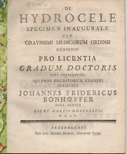 Bonhoeffer, Johann Friedrich: aus Halle: De Hydrocele (Wasserbruch). 