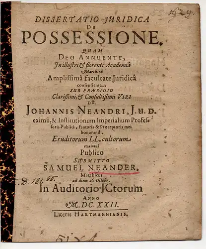 Neander, Samuel: Juristische Dissertation. De possessione (Über den Besitz). 
