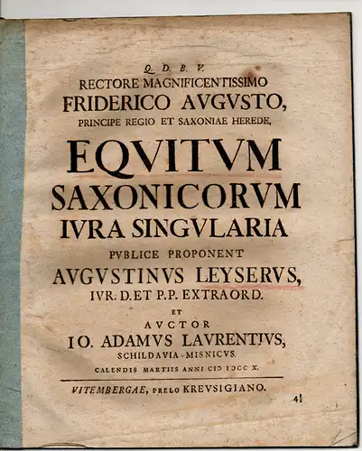 Laurentius, Johann Adam: aus Schildau: Equitum Saxonicorum iura singularia (Die überlieferten Sonderrechte der sächsischen Ritterschaft). 