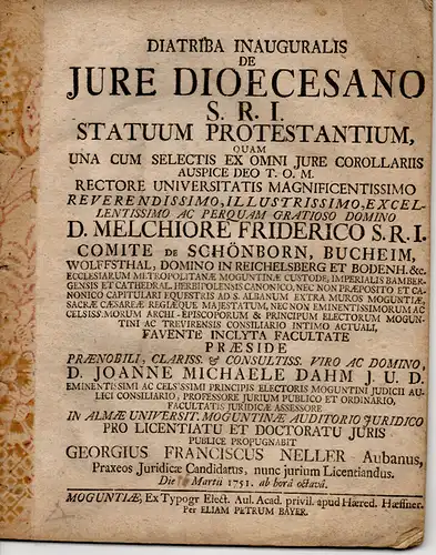 Neller, Georg Franz: aus Aub: Juristische Abhandlung. De iure dioecesano S. R. I. statuum Protestantium. 