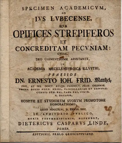 Linde (Lind), Dietrich Caspar: Specimen academicum ad ius Lubecense qua opifices strepiferos et concreditam pecuniam. 