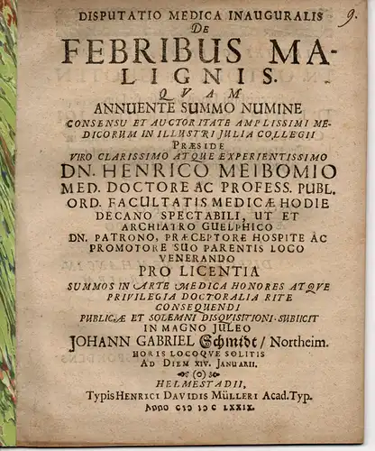 Schmidt, Johann Gabriel: aus Northeim: Medizinische Inaugural-Disputation. De Febribus Malignis (Über bösartiges Fieber). 