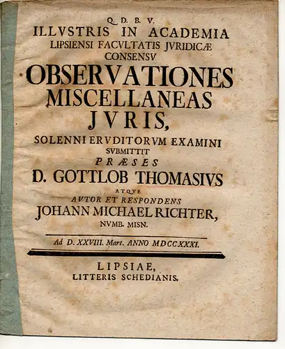 Richter, Johann Michael: aus Naumburg, Meissen: Juristische Disputation: Observationes miscellaneas iuris. 