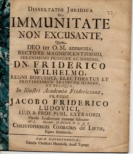 Lieth, Christoph Georg von: aus Bremen: Juristische Dissertation. De immunitate non excusante. 