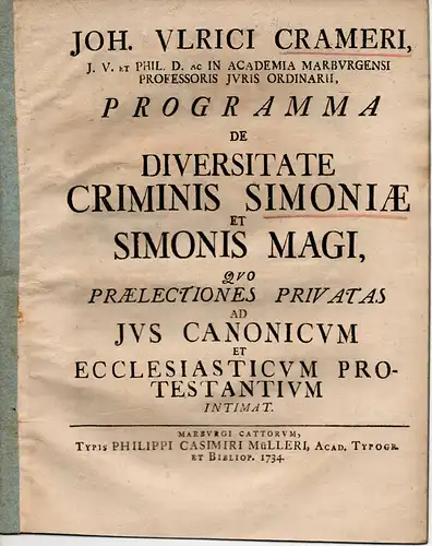 Cramer, Johann Ulrich von: Programma De Diversitate Criminis Simoniae Et Simonis Magi. 