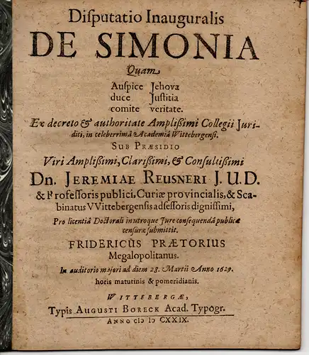 Praetorius, Friedrich: Inaugural-Disputation. De Simonia. 