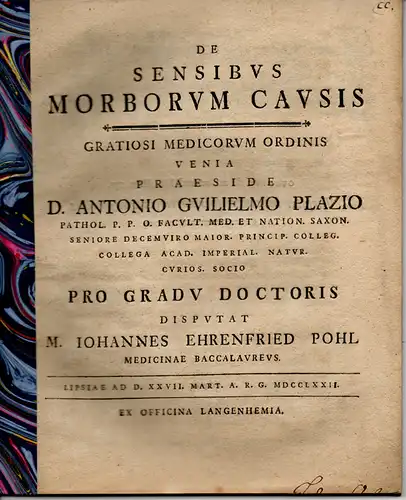 Pohl, Johann Ehrenfried: aus Leipzig: Medizinische Dissertation. De Sensibus Morborum Causis (Über die Sinne als Krankheitsursache). 