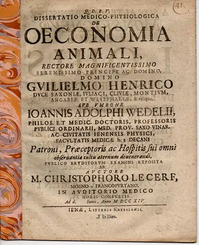 LeCerf (Le Cerf), Christophe: Frankfurt/Main: Medizinische Dissertation. De oeconomia animali (Über den lebenden Organismus). 