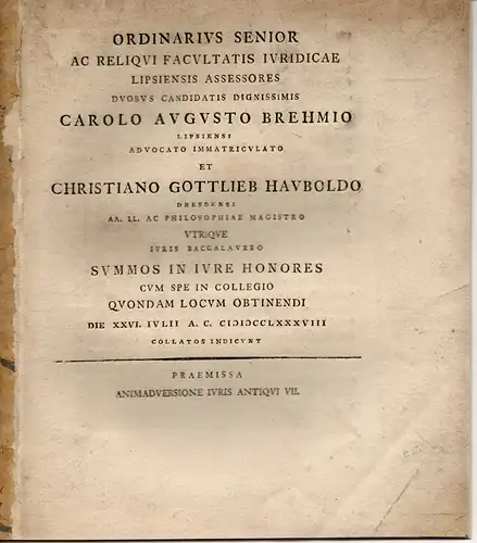 Winckler, Karl Gottfried von: Animadversio VII. iuris antiqui analecta ad Aemil. Lud. Hombergk zu Vach de collectione Novellarum a Iustiniano facta diatriben. Promotionsankündigung für Carl...