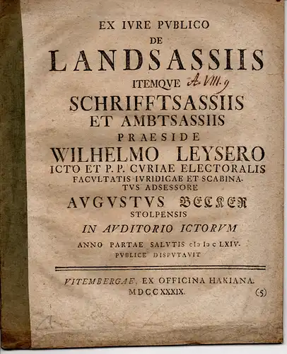 Becker, August: aus Stolpe: Juristische Disputation. De landsassiis, itemque schriftsassiis et ambtsassiis. 