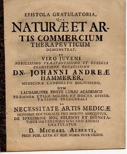 Hammerer, Johann Andreas: Epistola Gratulatoria, Qua Natuae Et Artis Commercium Therapeuticum Demonstrat (Die heilende Verbindung von Natur und Therapie). 