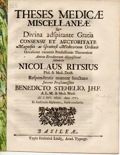 Stehel, Benedikt: Medizinische Disputation. Theses Medicae Miscellaneae. 