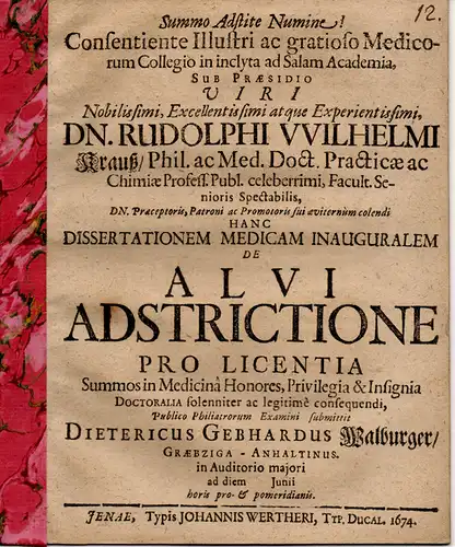 Walburger, Dietrich Gebhard: aus Gröbzig: Medizinische Inaugural-Dissertation. De alvi adstrictione (Über das Zusammenziehen (Abschnüren) des Unterleibs). 