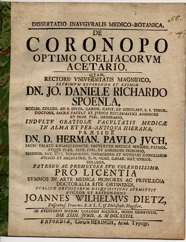 Dietz, Johann Wilhelm: aus Eußenhausen: Medizinisch-botanische Inaugural-Dissertation. De coronopo optimo coeliacorum acetario (Krähenfuß-Wegerich als bestes Mittel gegen Zöliakie). 