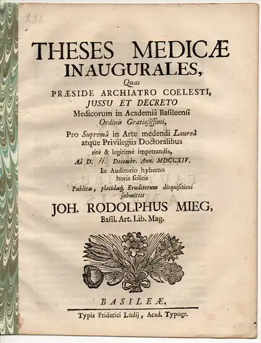 Mieg, Johann Rudolph aus Basel: Medizinische Disputation. Theses Medicae Inaugurales. 