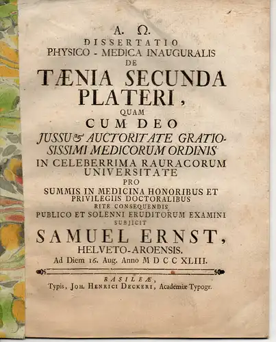 Ernst, Samuel: Medizinische Inaugural-Dissertation. De taenia secunda Plateri (Über den Bandwurm). 