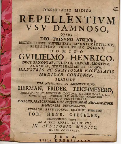 Gieseler, Johann Heinrich: aus Kranichfeld: Medizinische Dissertation. De Repellentium usu Damnoso. 