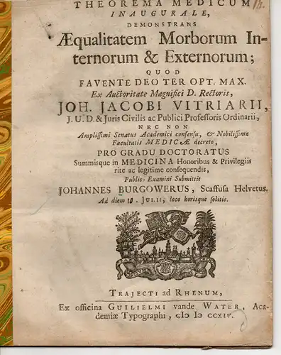 Burgower, Johann: aus Schaffhausen: Theorema medicum inaugurale, demonstrans aequalitatem morborum internorum & externorum  (Die Gleichheit innerer und äußerer Krankheiten). 