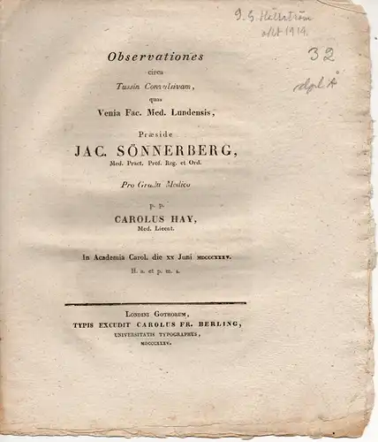 Hay, Carolus: Observationes circa Tussin Convulsivam (Beobachtungen zu krampfartigem Husten). Dissertation. 