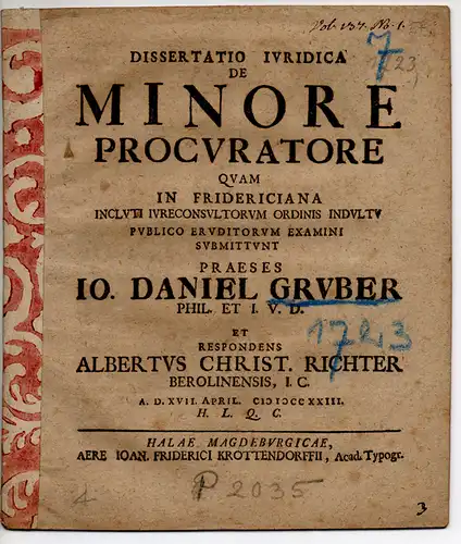 Richter, Albert Christian: aus Berlin: Juristische Dissertation. De minore procuratore. 