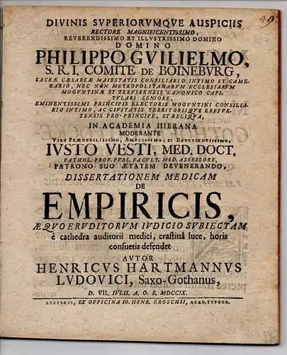 Ludovici, Heinrich Hartmann: aus Gotha: Medizinische Dissertation. De Empiricis (Über Empirie). 