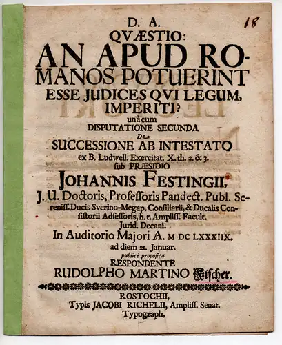 Fischer, Rudolph Martin: Juristische Quaestio: An apud Romanos potuerint esse iudices qui legum imperiti? (Gab es bei den Römern rechtsunkundige Richter?). 