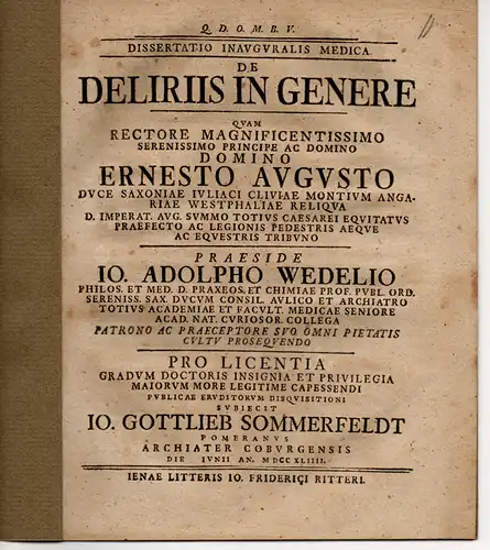 Sommerfeldt, Johann Gottlieb: Pommern: Medizinische Inaugural-Dissertation. De deliriis in genere (Über Delirien im allgemeinen). 