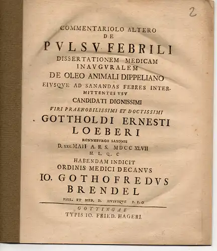 Löber, Gotthold Ernst: Ronneburg: Commentariolo Altero De Pulsu Febrili. 