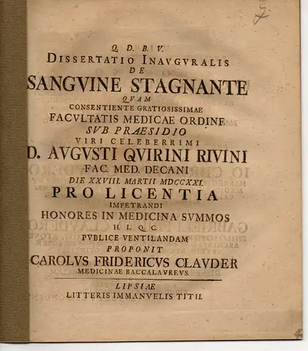 Clauder, Karl Friedrich: Medizinische Inaugural-Dissertation. De Sanguine Stagnante (Über Blutstauungen). 