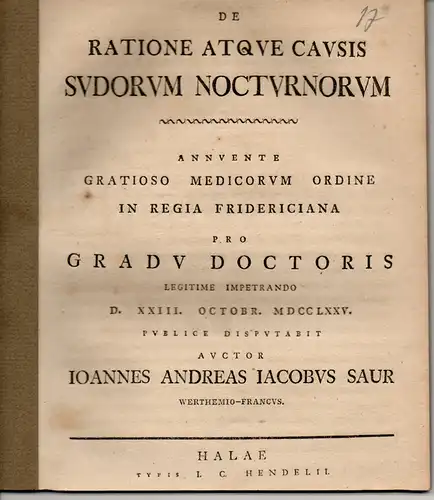 Saur, Johann Andreas Jacob: aus Wertheim: De Ratione Atque Causis Sudorum Nocturnorum (Über Gründe für nächtliches Schwitzen). 