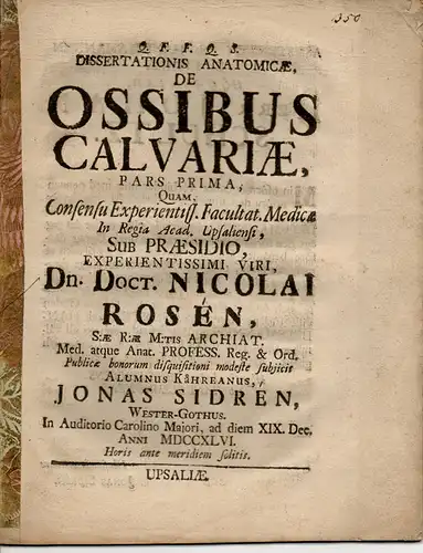 Sidrén, Jonas: aus Westfalen: Dissertationis Anatomicae, De Ossibus Calvariae, Pars prima (Über Schädelknochen, 1. Teil). 