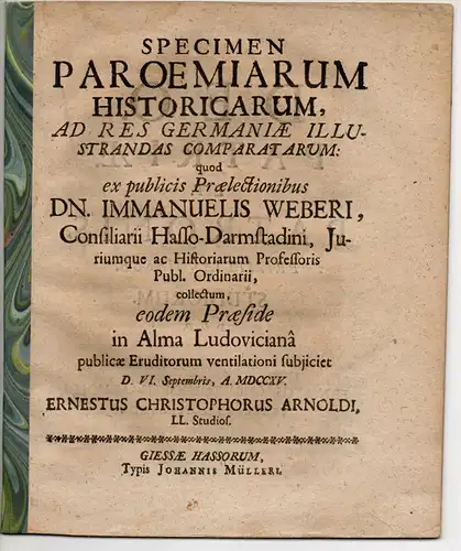 Arnoldi, Ernst Christoph: Specimen paroemiarum historicarum ad res Germaniae illustrandas comparatarum. 