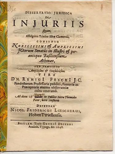 Löscher, Nicolaus Friedrich: Hohentwiel: Juristische Inaugural-Dissertation. De iniuriis (Über Vergehen). 