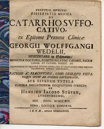 Stüven, Heinrich Jacob: aus Lüneburg: Medizinische Dissertation. de catarrho suffocativo. 