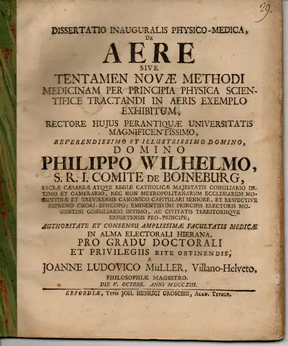 Müller, Johann Ludwig: Medizinische Inaugural-Dissertation. De Aere Sive Tentamen Novæ Methodi Medicinam Per Principia Physica (Über die Luft oder Darstellung des Versuchs einer neuen Methode...