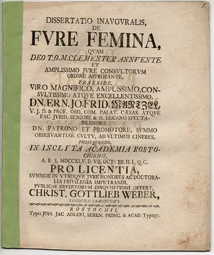 Weber, Christian Gottlieb: aus Lindenau: Juristische Inaugural-Dissertation. De fure femina (Über Diebin). 