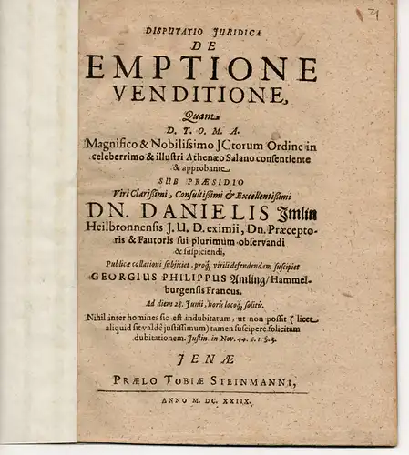 Amling, Georg Philipp: aus Hammelburg: Juristische Disputation. De emptione venditione. 