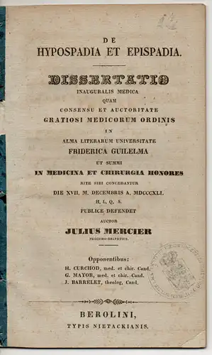 Mercier, Julius: De hypospadia et epispadia Dissertation. 