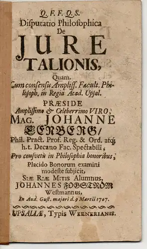 Fogström, Johannes: Philosophische Disputation. De jure talionis. 