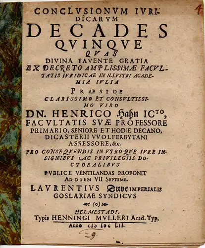 Duve, Lorenz: Goslar: Conclusionum iuridicarum decades quinque. 