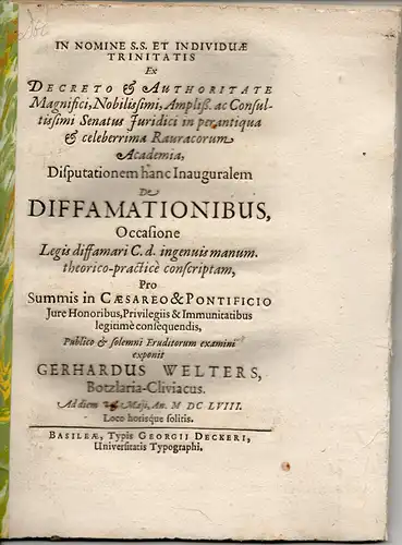 Welters, Gerhard: Botzlaria-Cliviacus: Juristische Inaugural-Dissertation. De diffamationibus (Über Beleidigungen). 