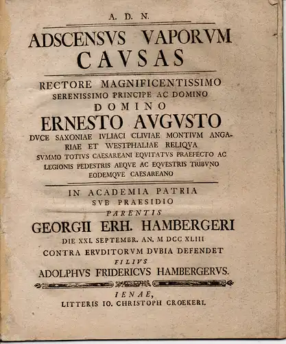 Hamberger, Adolph Friedrich: Medizinische Disputation. Adscensus Vaporum Causas. 