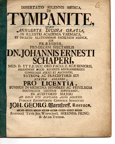 Barnstorff, Johann Georg: aus Rostock: Medizinische Dissertation. De tympanite. 