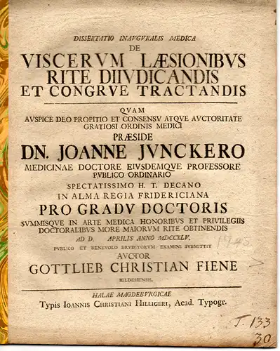 Fiene, Gottlieb Christian: aus Hildesheim: Medizinische Inaugural-Dissertation. De Viscerum Laesionibus Rite Diiudicandis Et Congrue Tractandis. 