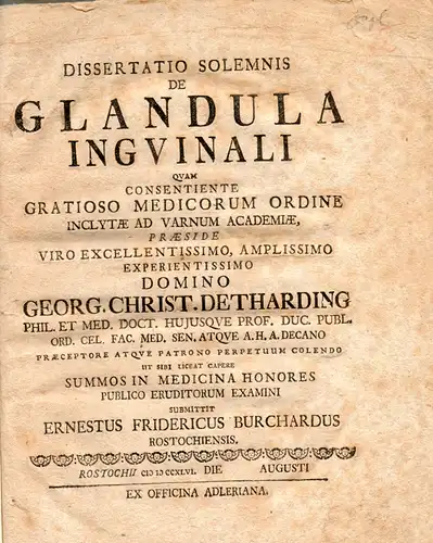 Burchard, Ernst Friedrich: aus Rostock: Medizinische Disputation. De glandula inguinali. 